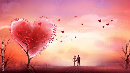 Valentines day background banner abstract panorama background with red hearts landscape with clouds and sky Valentine s Day background generative ai  