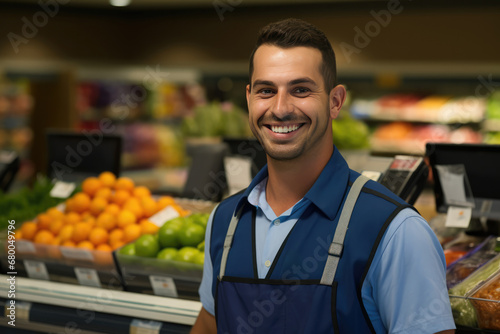 Cashier Smiling Behind Supermarket Counter, Promoting Diversity. Сoncept Customer Service Excellence, Multicultural Retail, Friendly Faces, Inclusive Shopping Experience