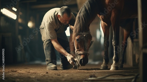 A farrier expertly trims a horse's hooves, ensuring their well-being. photo