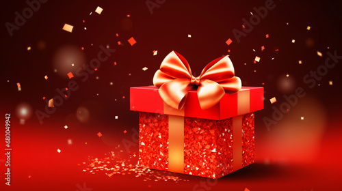 Red gift box with a bow and sequins. Illustration © khan