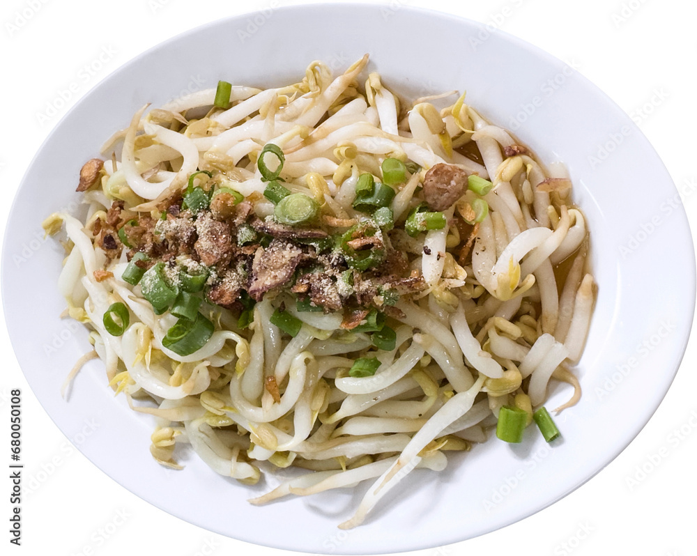 Seasoned bean sprouts with spring onion, fried onion garlic, vegetable, food isolated cutout. Table top view.