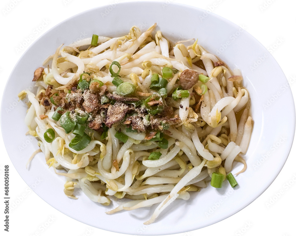 Seasoned bean sprouts with spring onion, fried onion garlic, vegetable, food isolated cutout. Table top view. Seasoned bean sprouts with spring onion, fried onion garlic, vegetable, food isolated cutout. Table top view.