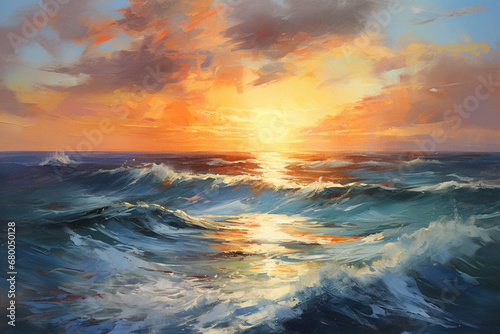 Sunset over the ocean, oil painting