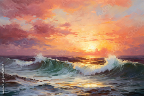 Sunset over the ocean, oil painting © Kritchanok
