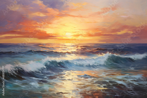 Sunset over the ocean, oil painting