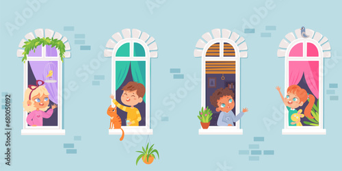 Children look from house windows in the morning greeting neighbors. Girls and boys stay at home. Cartoon neighborhood vector illustration . COVID-19 pandemic concept design
