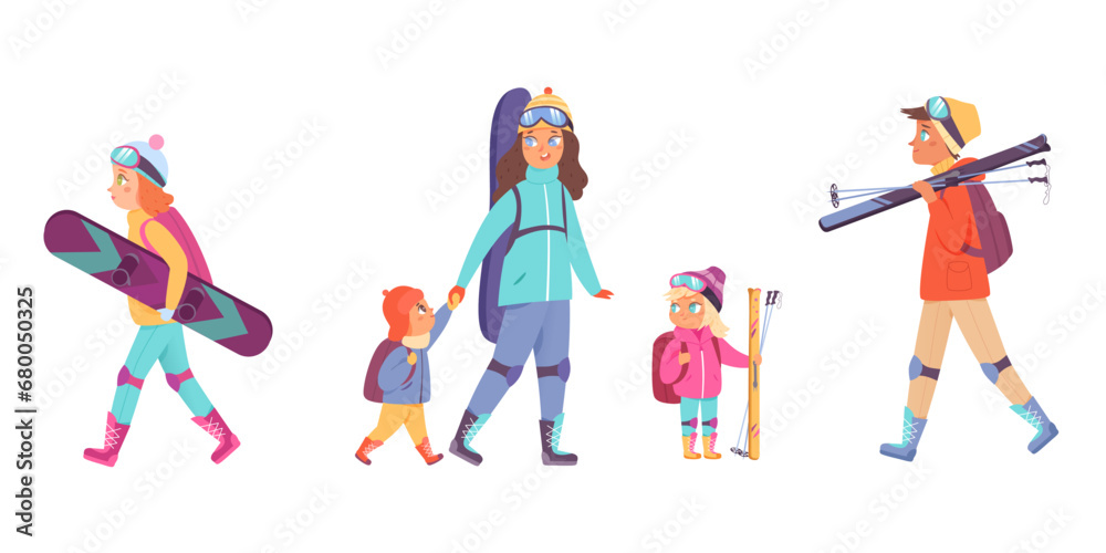 Family skiers set, father, mother, daughter and son on winter vacation in ski resort