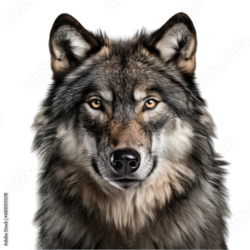 Wolf Face Shot Front View Isolated on Transparent or White Background, PNG