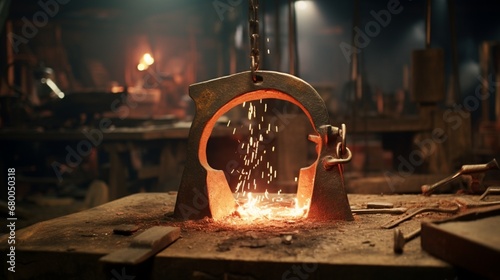 A farrier shapes a red-hot horseshoe on the anvil, sparks flying in all directions.