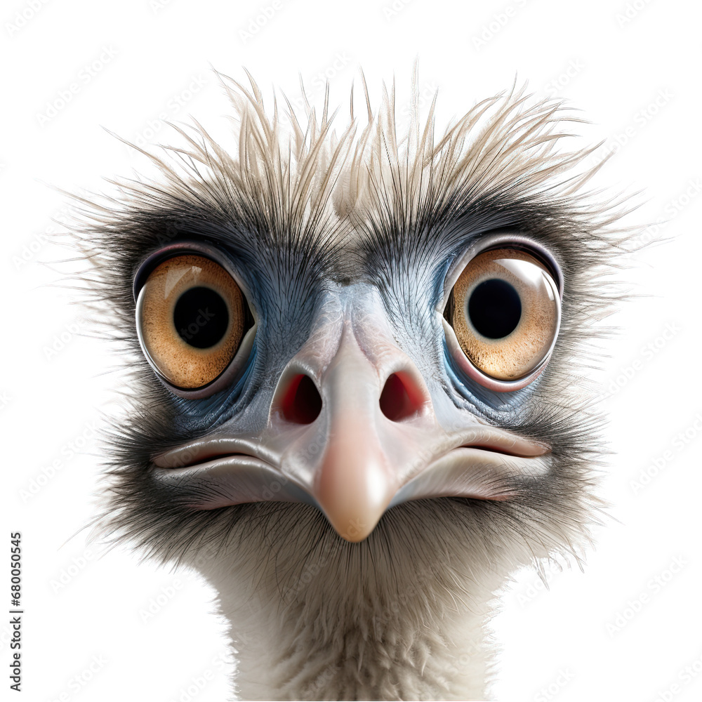 Curious Ostrich Face Isolated on Transparent or White Background, PNG