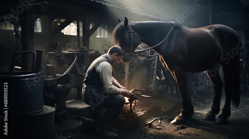 A farrier shoes a horse while other horses curiously observe the process. photo