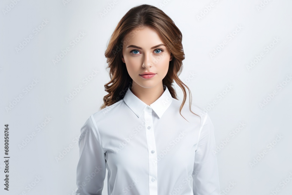 Girl In Smart Casual Office Uniform Poses On White Background Girl In Smart Casual Office Uniform Poses On White Background
