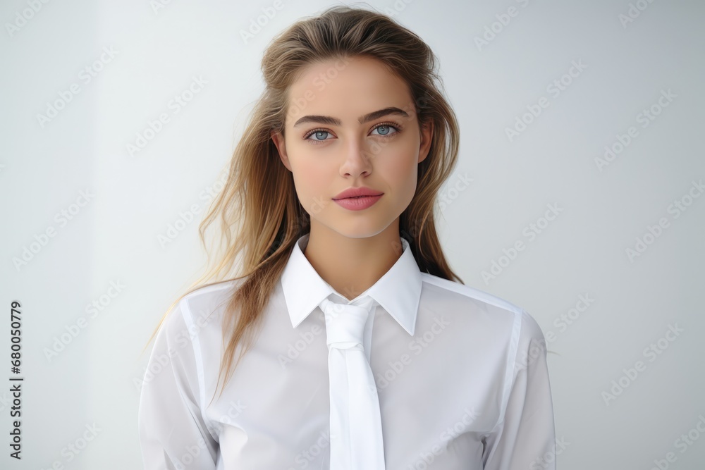 Girl In Smart Casual Office Uniform Poses On White Background. Сoncept Smart Casual Office Fashion, White Background Photos, Professional Poses, Office Uniform Style Girl In Smart Casual Office Uniform Poses On White Background. Сoncept Smart Casual Office Fashion, White Background Photos, Professional Poses, Office Uniform Style