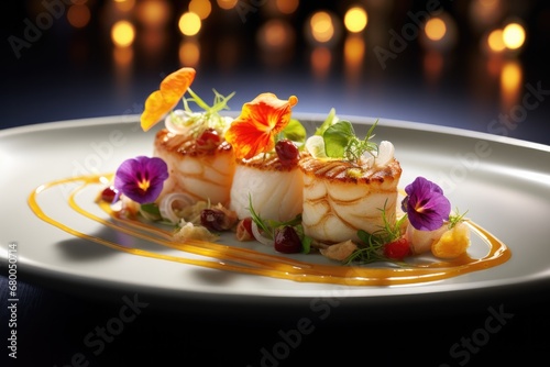 Exquisite Dish From Gourmet Restaurant. Сoncept Floral Arrangements, Luxury Wedding Venue, Fine Dining Experience