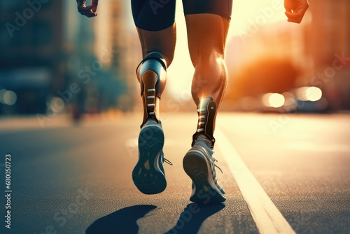 Fictional Person With Prosthetic Leg Running, Poster With Copy Space photo