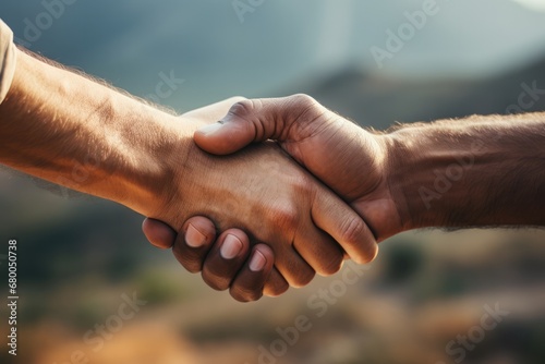 Friends Holding Hands Close To Mountain Top, Teamwork Concept