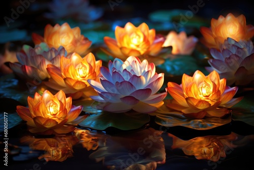 Glowing Lotus Flowers And Gold Buddha Statue