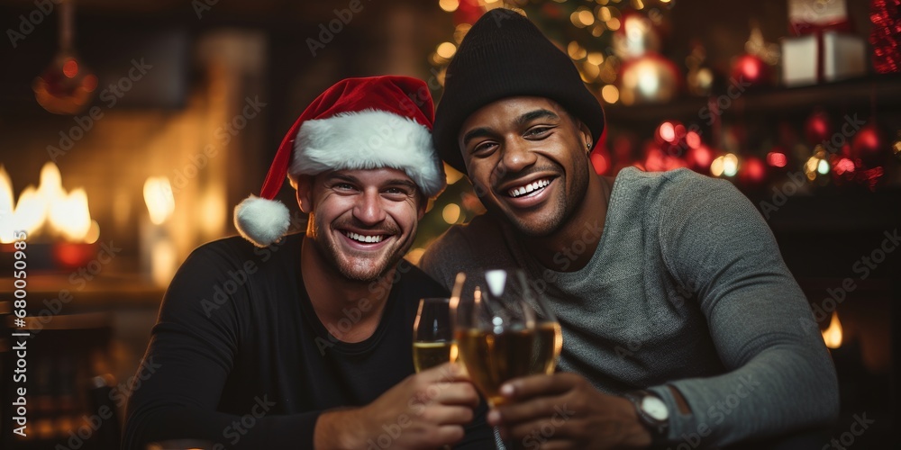 Two best friends on Christmas Eve, Happy New Year. Theme of celebration, friendship, Generative AI