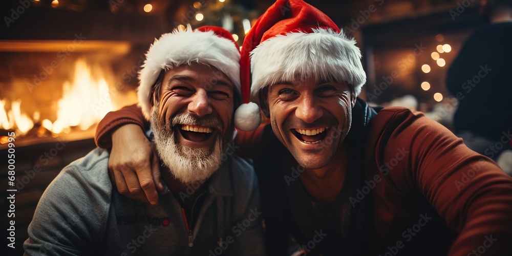 Dad and son on Christmas Eve, dma by the fireplace, Happy New Year. Generative AI Dad and son on Christmas Eve, dma by the fireplace, Happy New Year. Generative AI