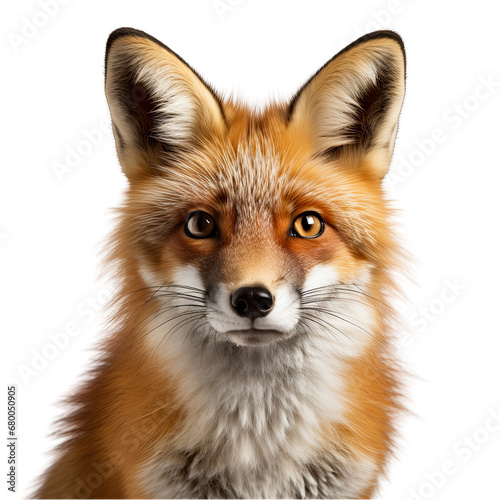 Focused Close-Up of Fox Face Isolated on Transparent or White Background, PNG