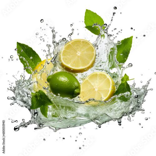 Fresh Lemon and mint leaves with clear water splash isolated on transparent background © Atchariya63