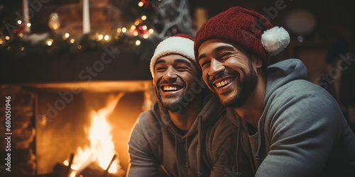 Friends by the fireplace celebrate Christmas, happy new year. Holiday. Generative AI © 22_monkeyzzz