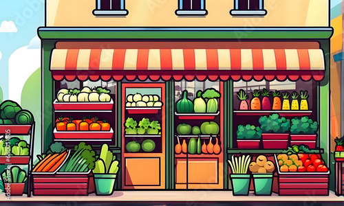 Cute Vegetable Shop View Illustration. 2D.  Generative AI © 냥냥냥 난