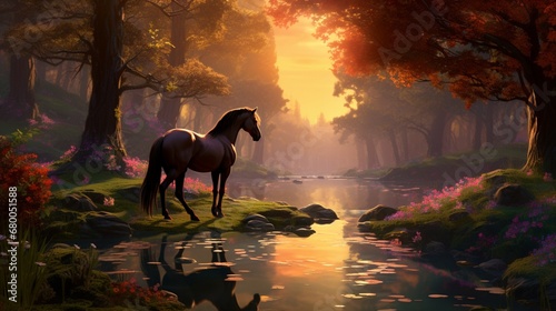a forest where the amazing horse is surrounded by vibrant, flora that emits mesmerizing melodies.