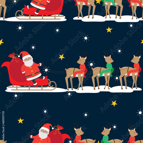 Christmas seamless pattern with Santa Claus in sledge and reindeers in cartoon style