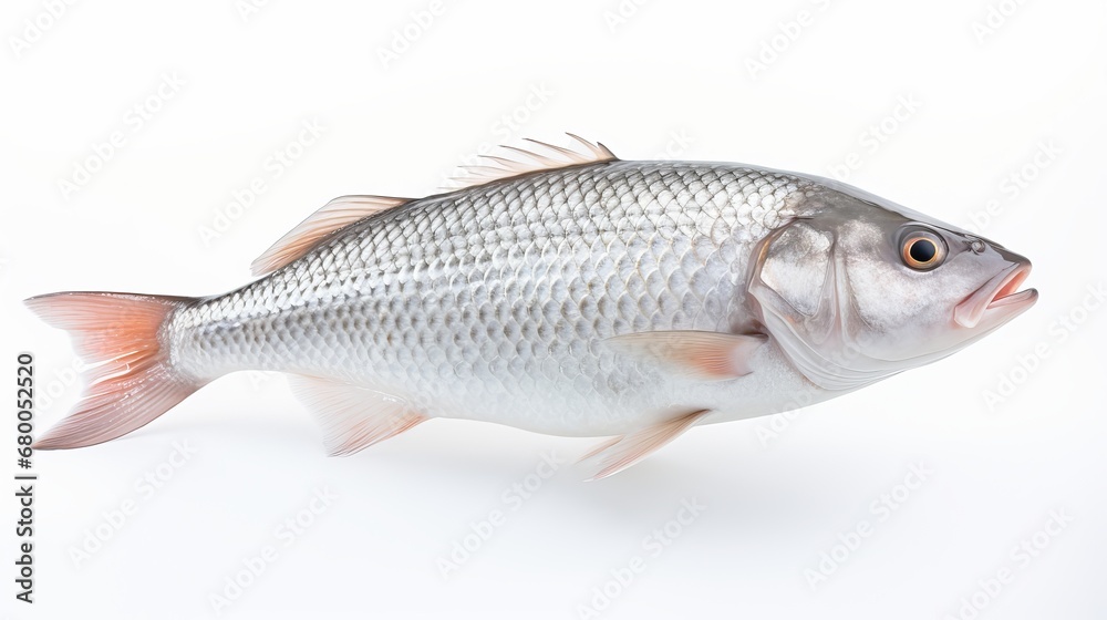 Rohu fish with a red tail fin swimming in White background, generative ai Rohu fish with a red tail fin swimming in White background, generative ai