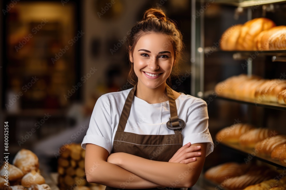 Proud Bakery Shop Owner Smiling At Her Store Proud Bakery Shop Owner Smiling At Her Store