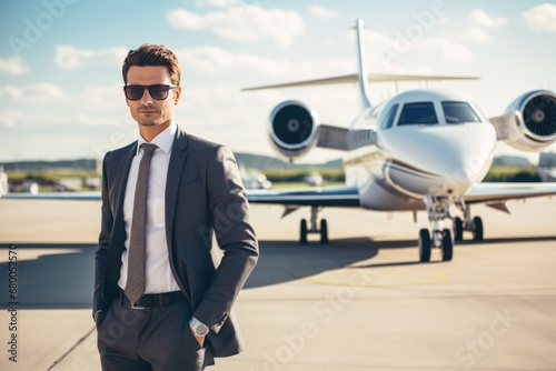 Rich Person On Airport Runway In Front Of Private Jet