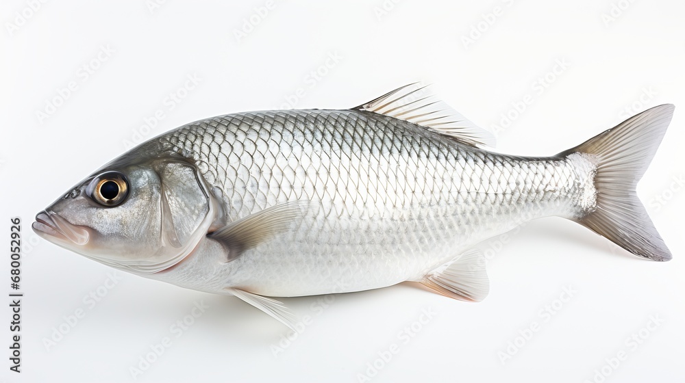  Rohu fish with a red tail fin swimming in White background, generative ai