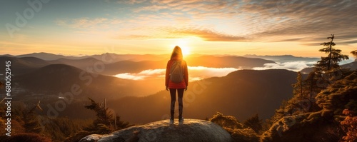 Woman Admires Sunset From Mountain Top. Сoncept Nature's Splendor, Serene Sunsets, Majestic Mountains, Awe-Inspiring Views, Soul Soothing Moments