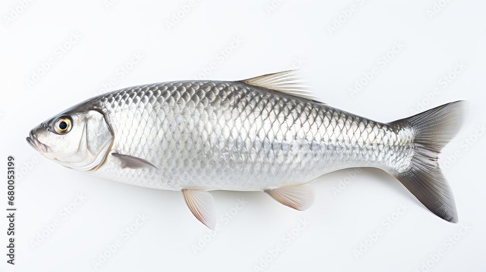 Rohu fish with a red tail fin swimming in White background, generative ai Rohu fish with a red tail fin swimming in White background, generative ai