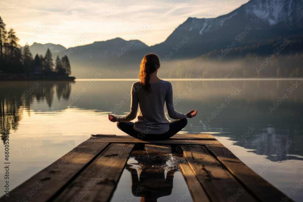Woman Meditating By Lake To Improve Focus