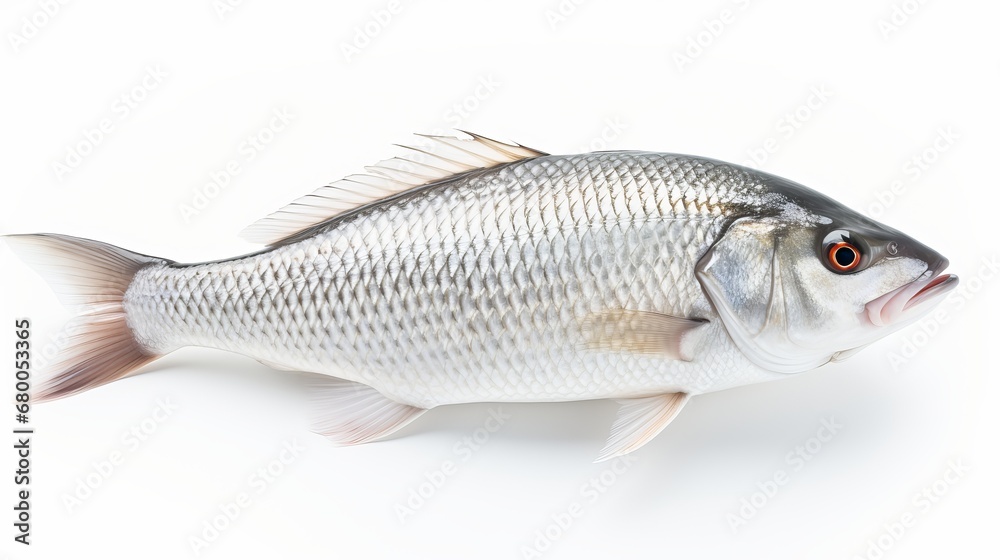  Rohu fish with a red tail fin swimming in White background, generative ai