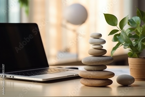Zen Stones With Laptop On Office Desk photo
