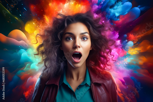 Woman with surprised look on her face and colorful paint.