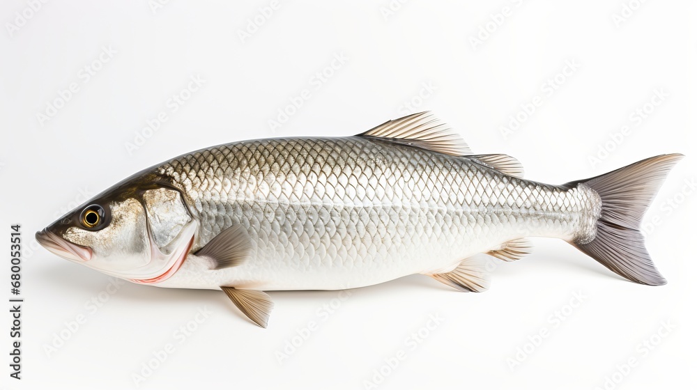  Rohu fish with a red tail fin swimming in White background, generative ai