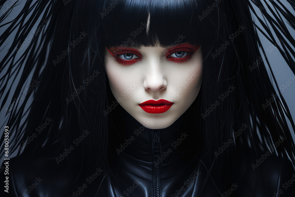 Woman with black hair and red lipstick wearing black leather outfit.