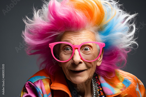 Woman with pink glasses and multi - colored wig.