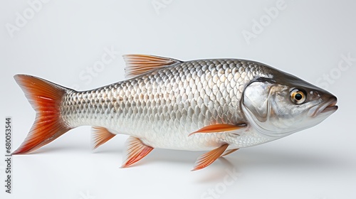  Rohu fish with a red tail fin swimming in White background, generative ai