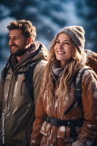 Man and woman walking in the snow with backpack.