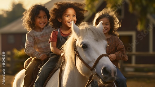 A group of children enjoys a pony ride at the farm's petting zoo. photo