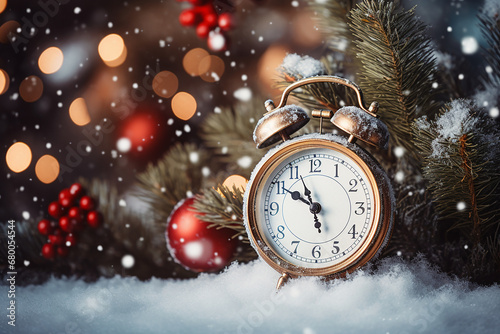 Snow-Covered Christmas Clock and Fir Branches Created with generative AI tools