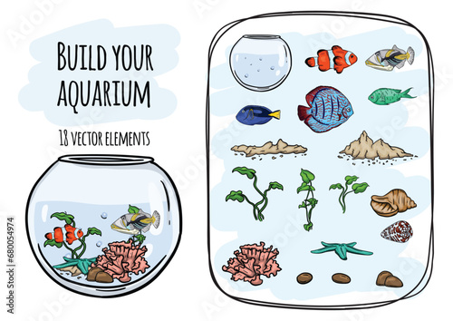  Undersea world. Vector set of fish and sea elements for creating children's game, illustration and design.
