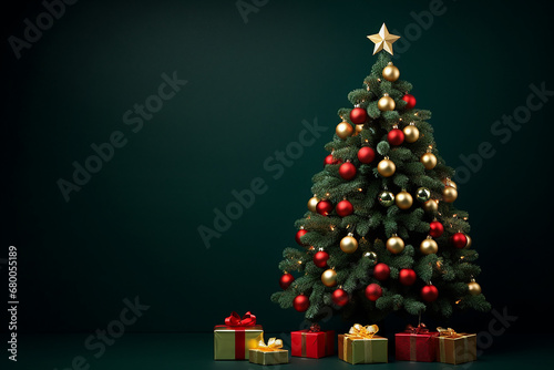 Elegantly Decorated Christmas Tree on Dark Green Background with Copy Space Created with generative AI tools
