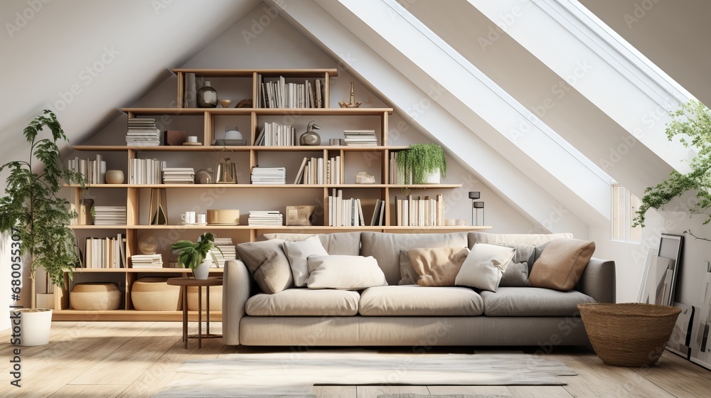 Obraz premium Cozy Attic Living Room with Bookshelf and Couch, generative ai