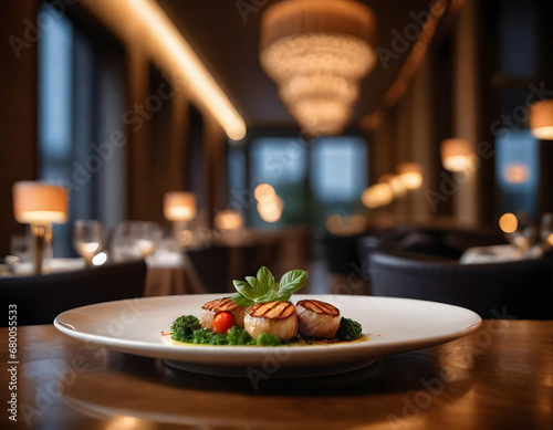 Fototapeta Naklejka Na Ścianę i Meble -  Michelin star quality high cuisine food dish in a very atmospheric restaurant setting with smooth light and wine on the table, generative ai